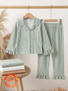 2pcs/Set Girls Long Sleeve Long Pants Ribbed Fabric Bean Green Polka Dot Print Simple Casual Comfortable Sweet Cute Loungewear Autumn/Winter, Ribbed Thermal Lined Pajamas - Multicolor - View 7