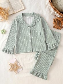 2pcs/Set Girls Long Sleeve Long Pants Ribbed Fabric Bean Green Polka Dot Print Simple Casual Comfortable Sweet Cute Loungewear Autumn/Winter, Ribbed Thermal Lined Pajamas - Multicolor - View 9