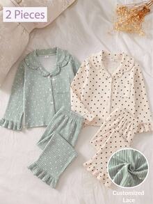 2pcs/Set Girls Long Sleeve Long Pants Ribbed Fabric Bean Green Polka Dot Print Simple Casual Comfortable Sweet Cute Loungewear Autumn/Winter, Ribbed Thermal Lined Pajamas - Multicolor - View 1