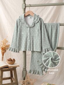 2pcs/Set Girls Long Sleeve Long Pants Ribbed Fabric Bean Green Polka Dot Print Simple Casual Comfortable Sweet Cute Loungewear Autumn/Winter, Ribbed Thermal Lined Pajamas - Multicolor - View 3