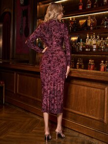 SHEIN Clasi 女款優雅百褶植絨長袖洋裝 冬季/秋季聖誕款 - 紅色 - 查看 3