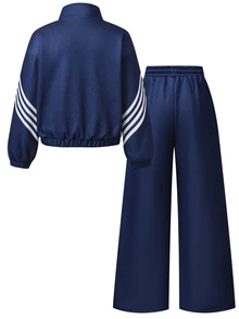 SHEIN 2件組 青少年女孩寬鬆休閒設計立領對比條紋拉鍊海軍藍夾克，搭配寬鬆休閒鬆緊腰長褲側邊對比條紋設計，秋冬針織套裝，復古運動風穿搭，適合街頭穿搭/運動/好友旅行，四季時尚單品 - 藏蓝色 - 查看 2