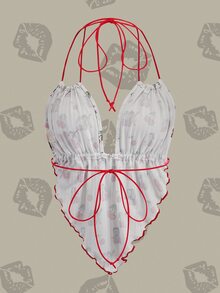 Betty Boop x SHEIN Women's Asymmetric Ruffle Hem Halter Neck Top, Beach Vacation White And Red Checkered Summer Cute Y2k Sexy - White - View 2