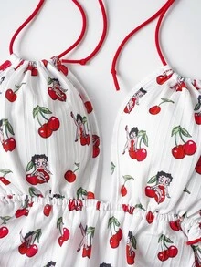 Betty Boop x SHEIN Women's Asymmetric Ruffle Hem Halter Neck Top, Beach Vacation White And Red Checkered Summer Cute Y2k Sexy - White - View 4