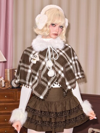 Kawaii Vintage Plaid Cape, Women's Regular Autumn/Winter Outerwear