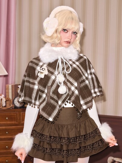 ROMWE Kawaii Vintage Plaid Cape, Women's Regular Autumn/Winter Outerwear