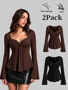 Sweetra Women's Fashion Elegant Slimming Flattering Versatile Comfortable Long Sleeve 2pcs T-Shirt Set - Multicolor - View 5