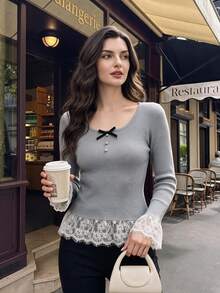 Vintamour Korean Style French Elegant Lace Patchwork Brunch Bow Decor Sweater Casual Going Out For Women Fall/Winter Office Business Work Knit Top Light Grey - Grey - View 1