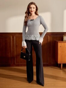 Vintamour Korean Style French Elegant Lace Patchwork Brunch Bow Decor Sweater Casual Going Out For Women Fall/Winter Office Business Work Knit Top Light Grey - Grey - View 8