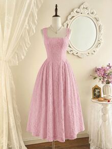 Vintamour Women's Summer Elegant Romantic Solid Color Lace Sleeveless Midi Dress Party Date Pink - Baby Pink - View 3