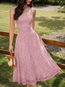 Vintamour Women's Summer Elegant Romantic Solid Color Lace Sleeveless Midi Dress Party Date Pink - Baby Pink - View 2