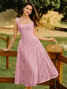 Vintamour Women's Summer Elegant Romantic Solid Color Lace Sleeveless Midi Dress Party Date Pink - Baby Pink - View 1