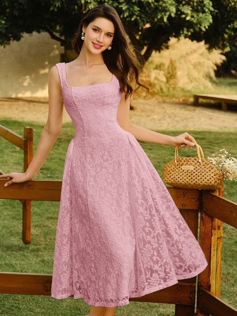 Vintamour Women's Summer Elegant Romantic Solid Color Lace Sleeveless Midi Dress Party Date Pink - Baby Pink - View 1