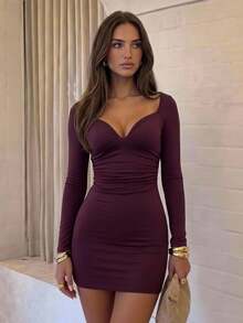 Aloruh Đầm nữ tay dài thanh lịch gợi cảm, đầm dệt kim màu trơn, đầm ôm body mini màu tím, phong cách công sở, đi chơi, thường ngày, đi làm, Y2K, thu/đông - Màu tím - Xem 2