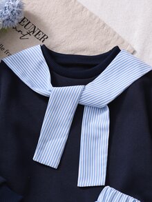 2件組女童長袖裙裝套裝，白色針織刺繡圓領上衣搭配棕色白色百褶裙，7歲生日秋季款 - 藏蓝色 - 查看 6