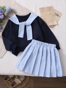 2件組女童長袖裙裝套裝，白色針織刺繡圓領上衣搭配棕色白色百褶裙，7歲生日秋季款 - 藏蓝色 - 查看 4