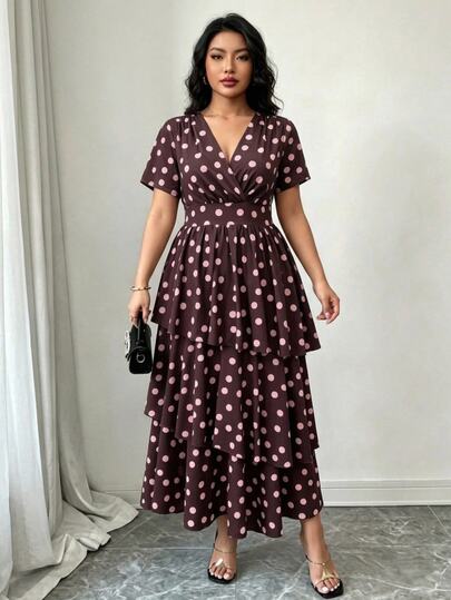 Vionelle Plus Size Women Elegant Polka Dot Pattern Long Cake Dress, Spring/Summer