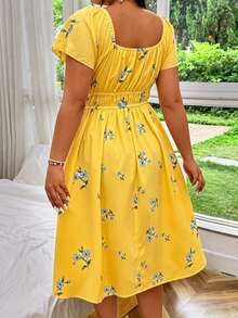 Flirla Plus Size Floral Print Drawstring Front Elastic Waist Short Sleeve Dress - Yellow - View 2