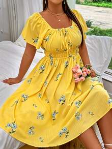 Flirla Plus Size Floral Print Drawstring Front Elastic Waist Short Sleeve Dress - Yellow - View 5