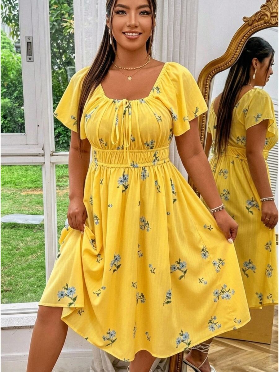 Flirla Plus Size Floral Print Drawstring Front Elastic Waist Short Sleeve Dress - Yellow - View 1