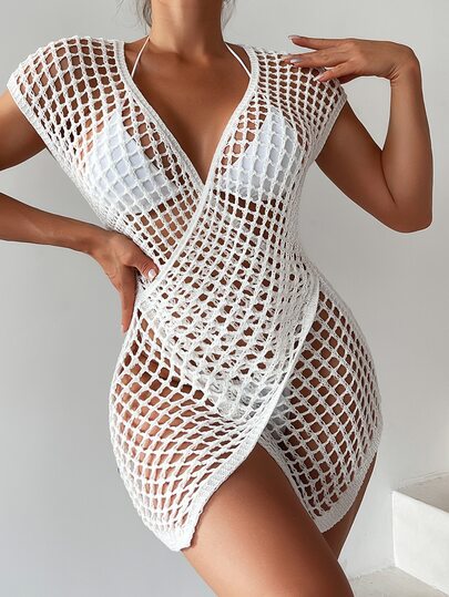 SHEIN Swim Vestido de playa de verano sin bikini con diseño calado y envolvente, vestido de malla blanco y sexy, body de red