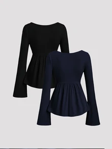 Sweetra 2件套女士优雅修身舒适长袖百搭T恤套装 - 彩色 - 查看 2
