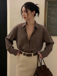 DAZY Women's Plaid Bow Tie Long Sleeve Vintage Blouse - Brown - View 4