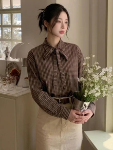 DAZY Women's Plaid Bow Tie Long Sleeve Vintage Blouse - Brown - View 3