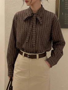 DAZY Women's Plaid Bow Tie Long Sleeve Vintage Blouse - Brown - View 7
