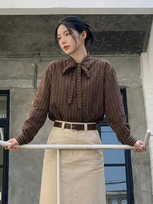 DAZY Women's Plaid Bow Tie Long Sleeve Vintage Blouse - Brown - View 5