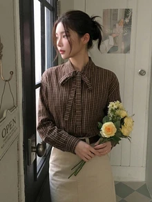 DAZY Women's Plaid Bow Tie Long Sleeve Vintage Blouse - Brown - View 6