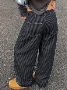 DAZY 女款黑白條紋高腰鈕扣水洗純色寬鬆直筒寬腿休閒街頭風Y2K牛仔褲，秋季日常穿搭 - 藍色 - 查看 2