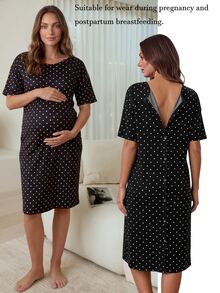 SHEIN Maternity Black Print Round Neck Short Sleeve Dress Night Labour Winter Casual Cute - Black - View 1