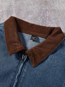 Manfinity Roghcode Men's Corduroy Collar Washed Casual Loose Denim Jacket - Light Wash - View 11