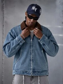 Manfinity Roghcode Men's Corduroy Collar Washed Casual Loose Denim Jacket - Light Wash - View 1