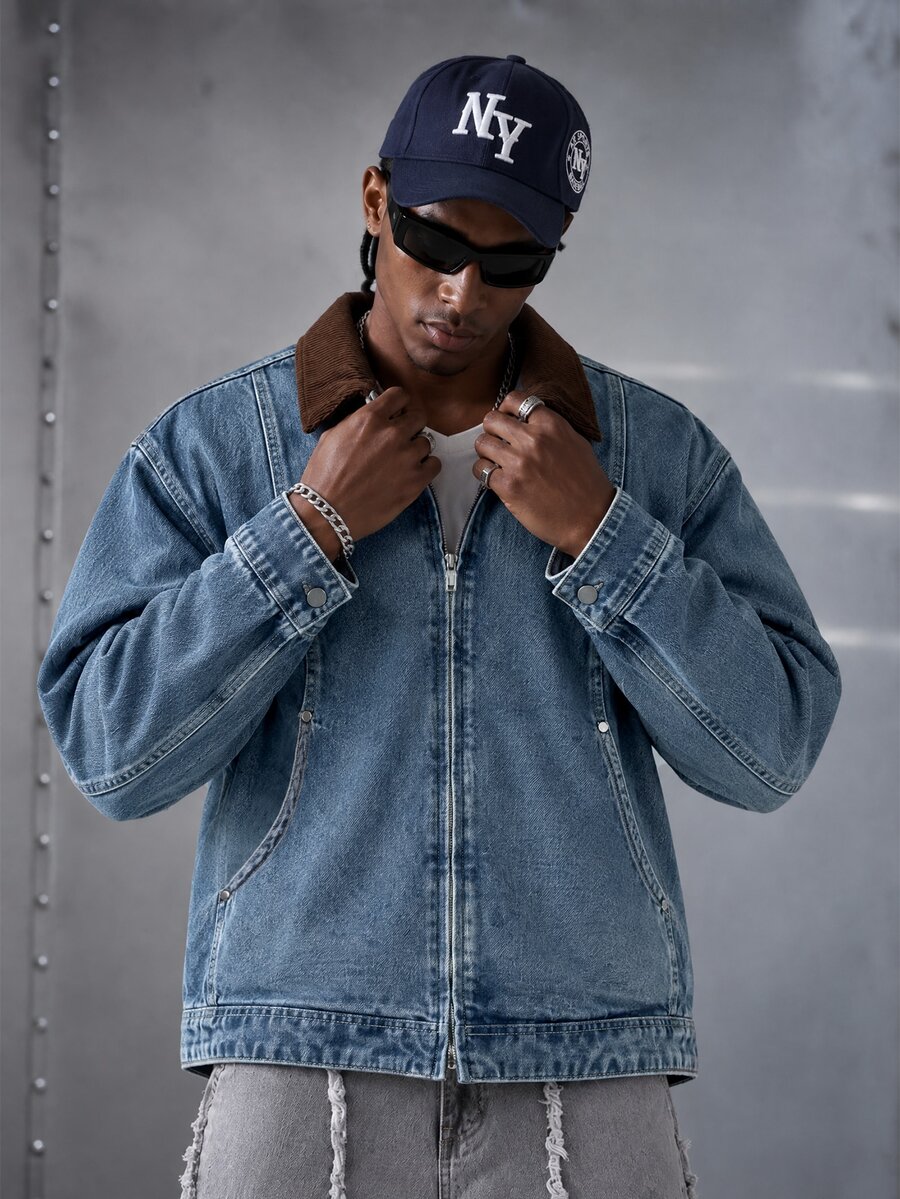 Manfinity Roghcode Men's Corduroy Collar Washed Casual Loose Denim Jacket - Light Wash - View 1