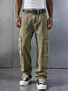 Manfinity EMRG Men's Retro Style Waist Belt With Pockets Denim Jeans - Olive Green - View 1