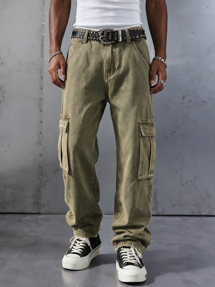 Manfinity EMRG Men's Retro Style Waist Belt With Pockets Denim Jeans - Olive Green - View 1