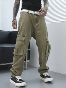 Manfinity EMRG Men's Retro Style Waist Belt With Pockets Denim Jeans - Olive Green - View 3