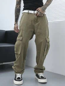 Manfinity EMRG Men's Retro Style Waist Belt With Pockets Denim Jeans - Olive Green - View 4