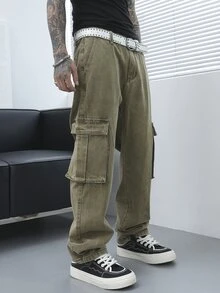 Manfinity EMRG Men's Retro Style Waist Belt With Pockets Denim Jeans - Olive Green - View 6