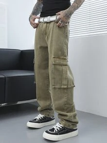Manfinity EMRG Men's Retro Style Waist Belt With Pockets Denim Jeans - Olive Green - View 5