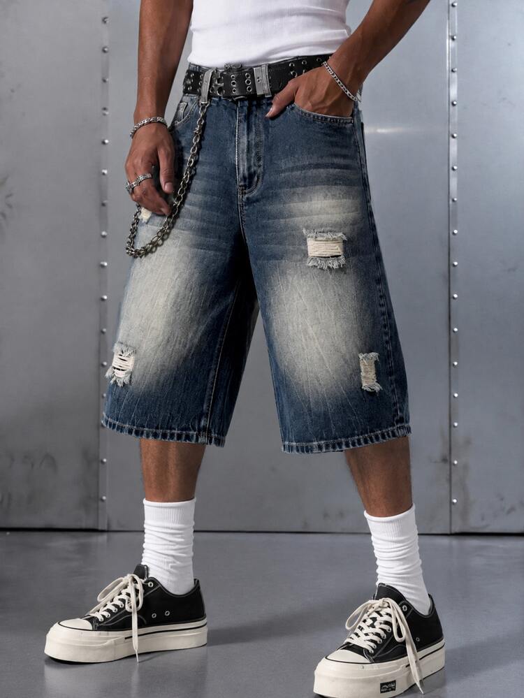 GENIUS ODE Men's Distressed Wide Leg Denim Shorts Back-To-School Night Evening Blue Summer Grunge Streetwear - Blue - View 1