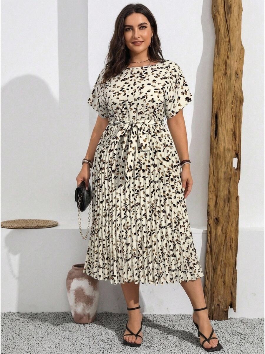 Vionelle Plus Size Summer Casual Elegant Printed Batwing Sleeve Dress With Pleated Hem For Women Formal Party White - Apricot - View 1