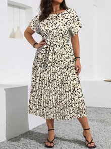 Vionelle Plus Size Summer Casual Elegant Printed Batwing Sleeve Dress With Pleated Hem For Women Formal Party White - Apricot - View 4