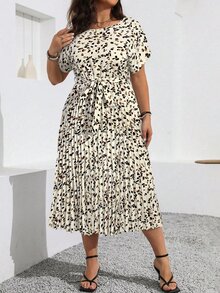 Vionelle Plus Size Summer Casual Elegant Printed Batwing Sleeve Dress With Pleated Hem For Women Formal Party White - Apricot - View 6
