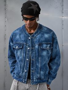 Manfinity EMRG Chaqueta vaquera casual de manga larga con botones y bolsillo para hombre - Azul - Ver 1