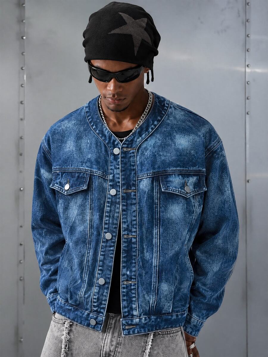 Manfinity EMRG Chaqueta vaquera casual de manga larga con botones y bolsillo para hombre - Azul - Ver 1