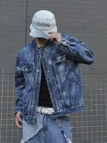 Manfinity EMRG Chaqueta vaquera casual de manga larga con botones y bolsillo para hombre - Azul - Ver 3