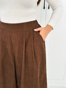 Shapeblank Women's Plus-Size Brown Cropped Wide-Leg Culottes – Stylish, Casual, Loose & Comfortable – Elastic Waist – Autumn/Winter Basic Wear,Bottom,Outfits - Brown - View 4
